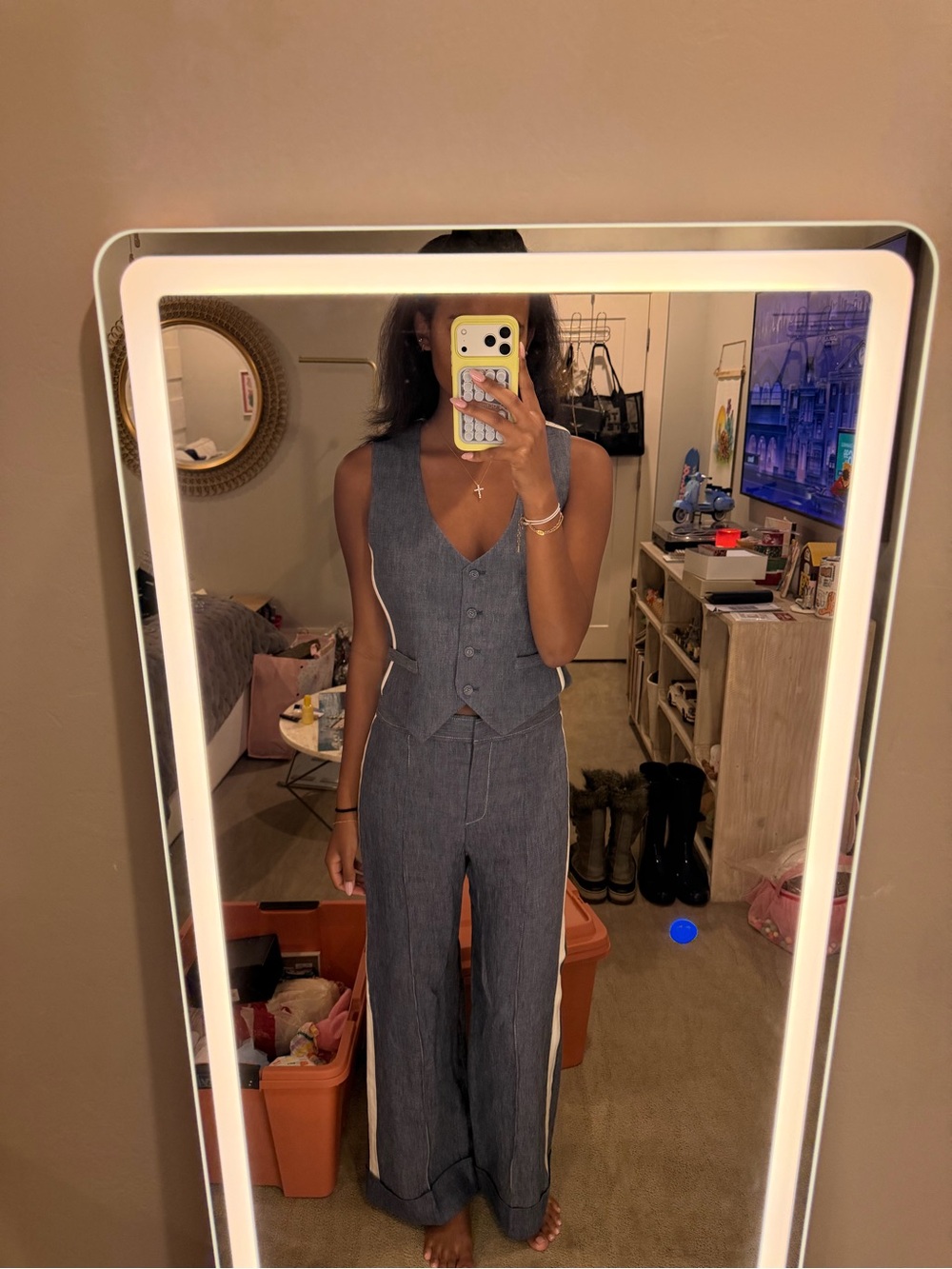 Sleeveless Button Vest and Wide-Leg Pants Set in Slate Blue